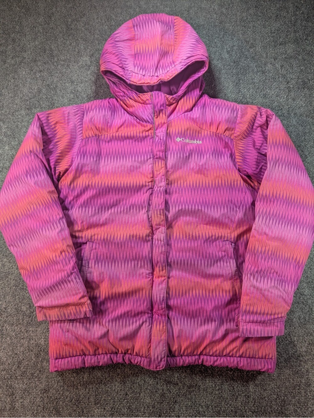 Columbia Girls Large 14 16 Pink Purple ZigZag Chevron Hooded Puffer Jacket